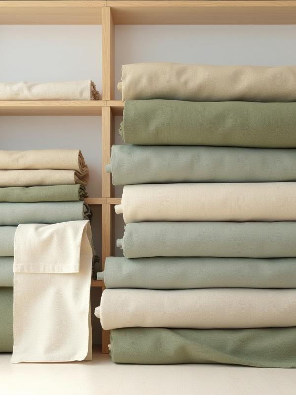 Shelves filled with rolls of natural, undyed linen and organic cotton fabrics, neatly stacked in the HANK A ALBERS studio.
