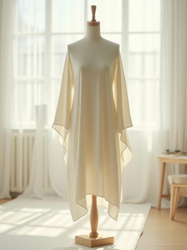 A beautifully draped linen garment, a work-in-progress, hanging on a mannequin in a light-filled studio, showcasing craftsmanship.