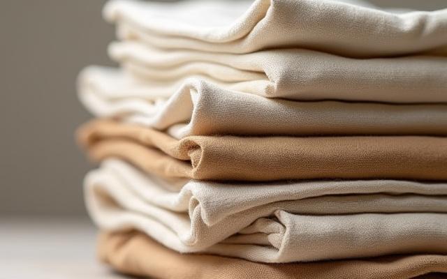 Close-up of a neatly stacked pile of natural linen fabric, in soft earthy tones, evoking comfort and craftsmanship at HANK A ALBERS studio in Bismarck ND