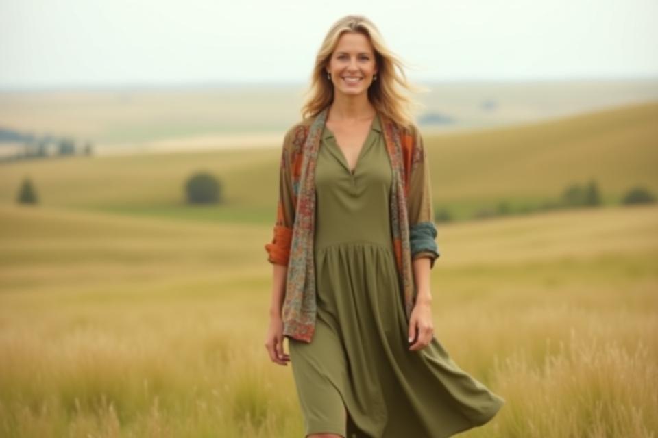 A model posing in a harmonious capsule wardrobe, featuring a versatile linen dress and a patchwork jacket in a natural landscape.