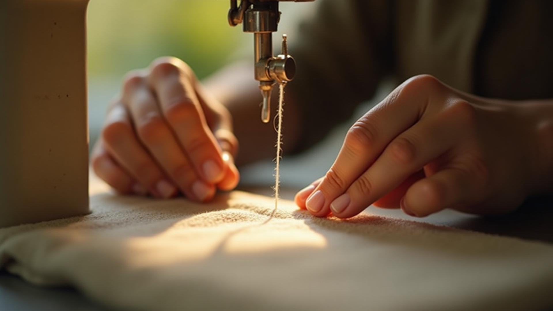 Hands meticulously sewing a natural linen garment, embodying slow fashion and mindful craftsmanship.