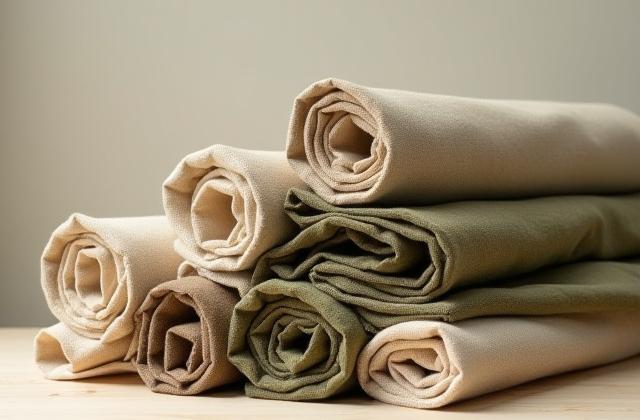 Close-up of various natural fabric rolls like linen, organic cotton, and hemp, in muted earth tones.