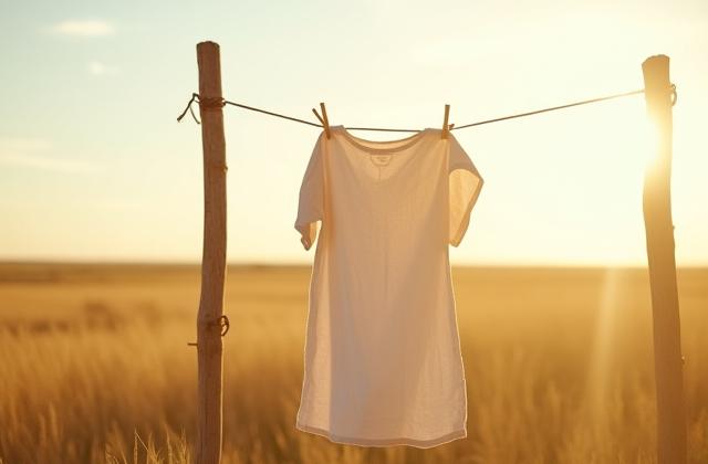 A beautiful, well-worn linen dress hanging outdoors, suggesting longevity and comfort.