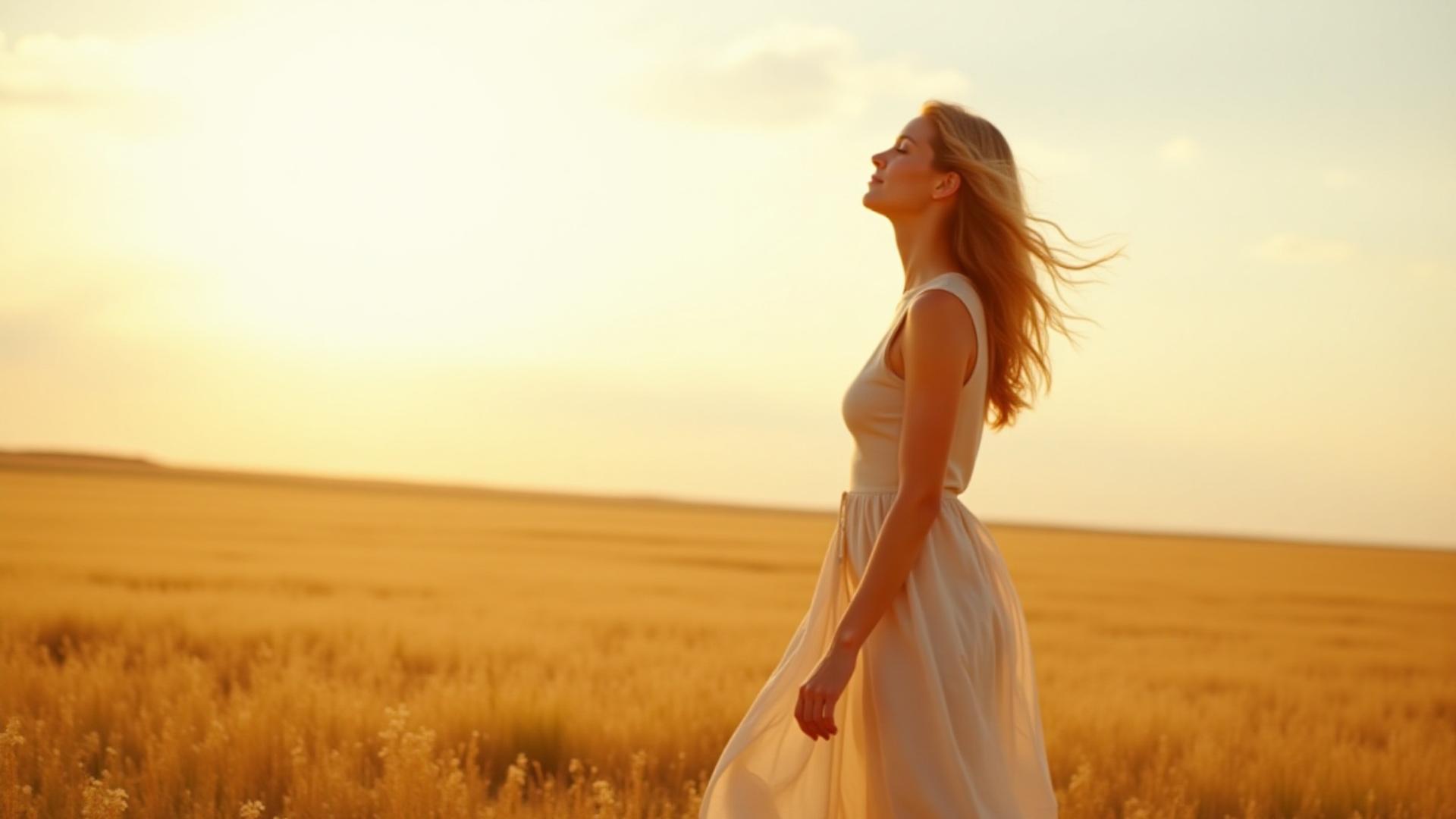 Woman in a flowing, natural linen dress standing gracefully in a sun-drenched field in North Dakota.