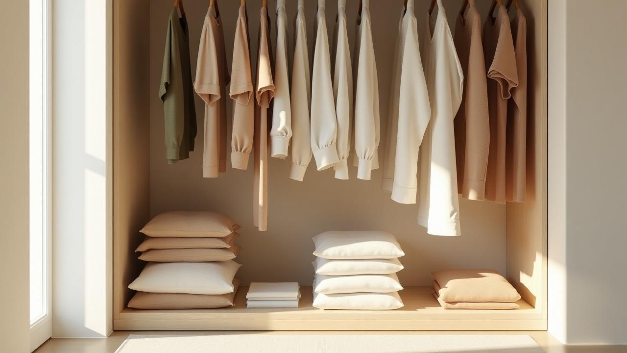 Clean, minimalist shot of a well-organized capsule wardrobe with soft natural light
