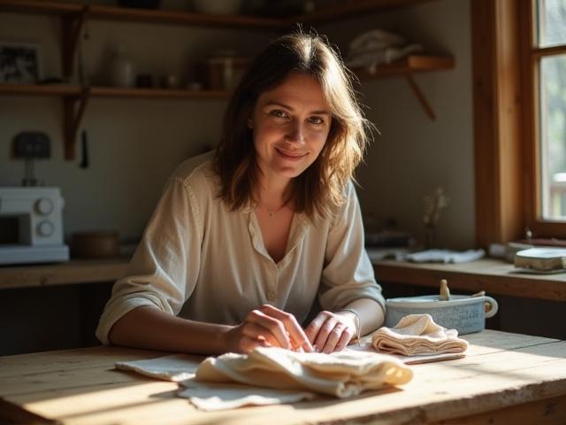 Designer Ann Albers at a cutting table, hands gently arranging fabric pieces.