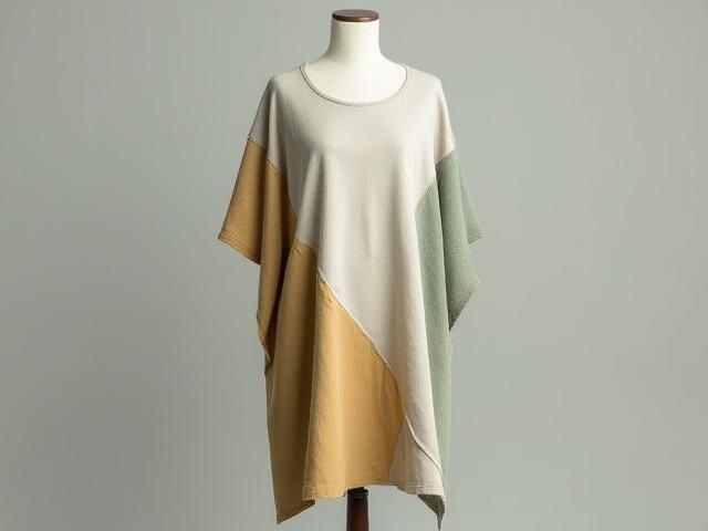 A 'Cascade' tunic, constructed from various natural linen and cotton offcuts in shades of sage, cream, and muted gold, displayed on a minimalist mannequin. 