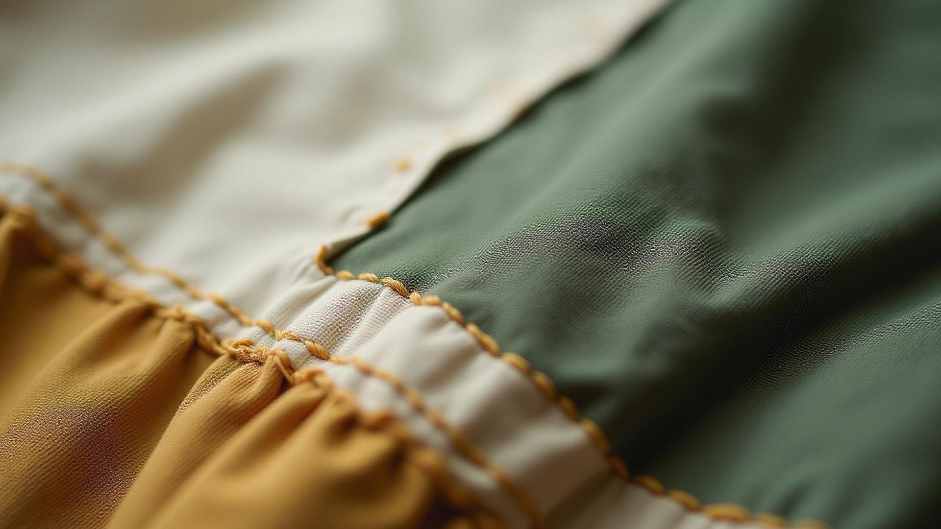 Close-up of a complex patchwork seam with varied fabric textures and colors, showcasing intricate stitching details.