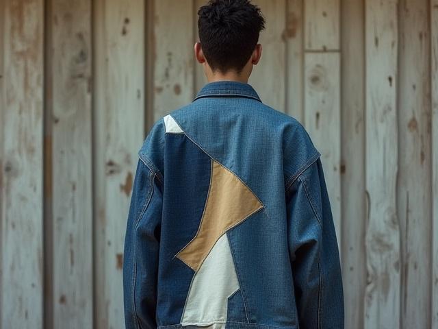 A 'Horizon' art jacket with bold, geometric patchwork from indigo-dyed cotton and natural canvas, worn by a person with an artistic, mindful aesthetic, standing against a rustic backdrop.