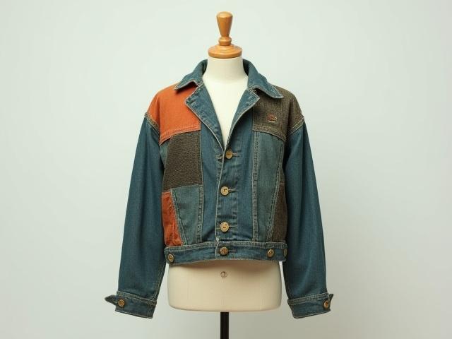 Stylish patchwork jacket created from upcycled denim and other fabrics
