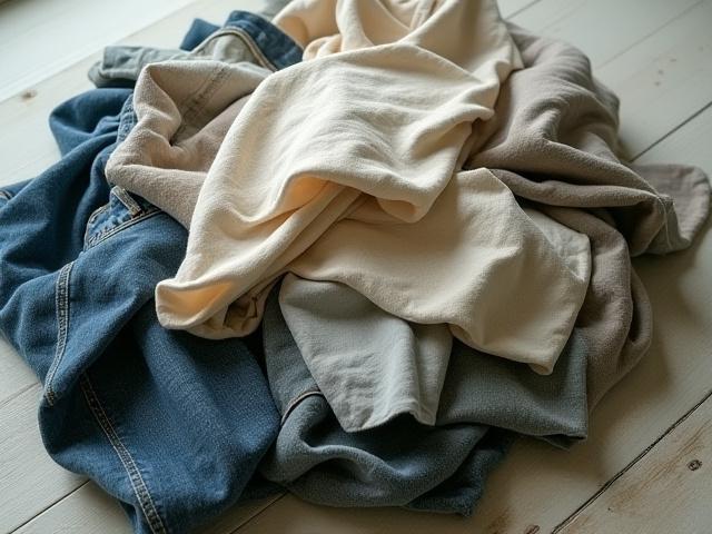 Pile of pre-loved denim jeans and various fabric scraps