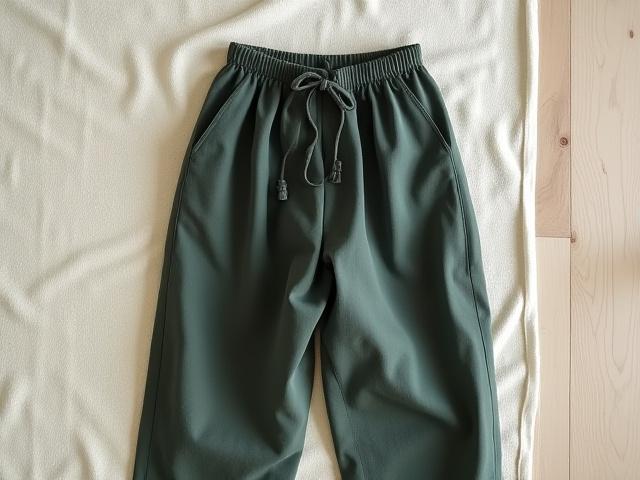 A pair of 'Capsule Trouser' pants, made with a soft, ethical fabric, laid flat to showcase the clean lines and comfortable fit. Neutral tones against a textured background.