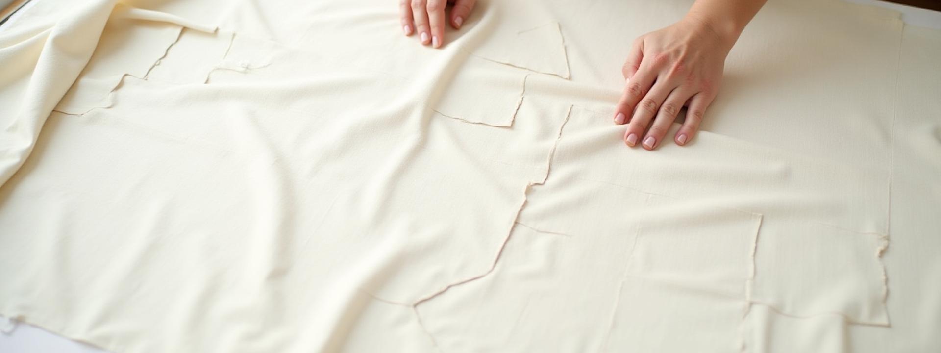 Overhead view of a zero waste pattern layout meticulously arranged on organic fabric, showing no offcuts. A pair of hands in the frame gently smooths the fabric.