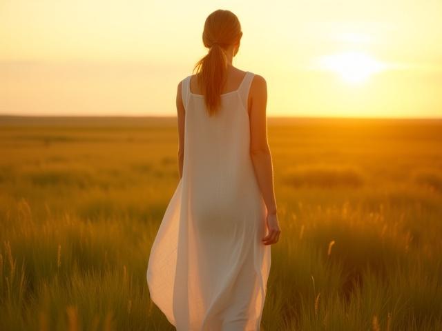 A person wearing 'The Prairie Tunic', made from natural linen, standing in a field in North Dakota during golden hour. The tunic is flowing and features simple, elegant lines.